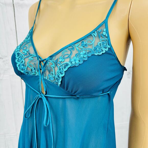 Paltal MEDIUM VINTAGE 90's Blue Floral Lace Fairy Babydoll Camisole Tank Top - Picture 4 of 8